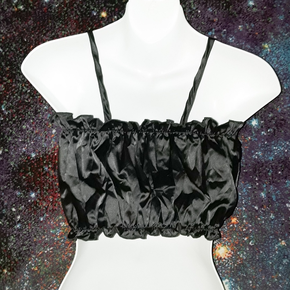 Boho Black Satin Ruffle Puff Crop Top Tank - Picture 5 of 5